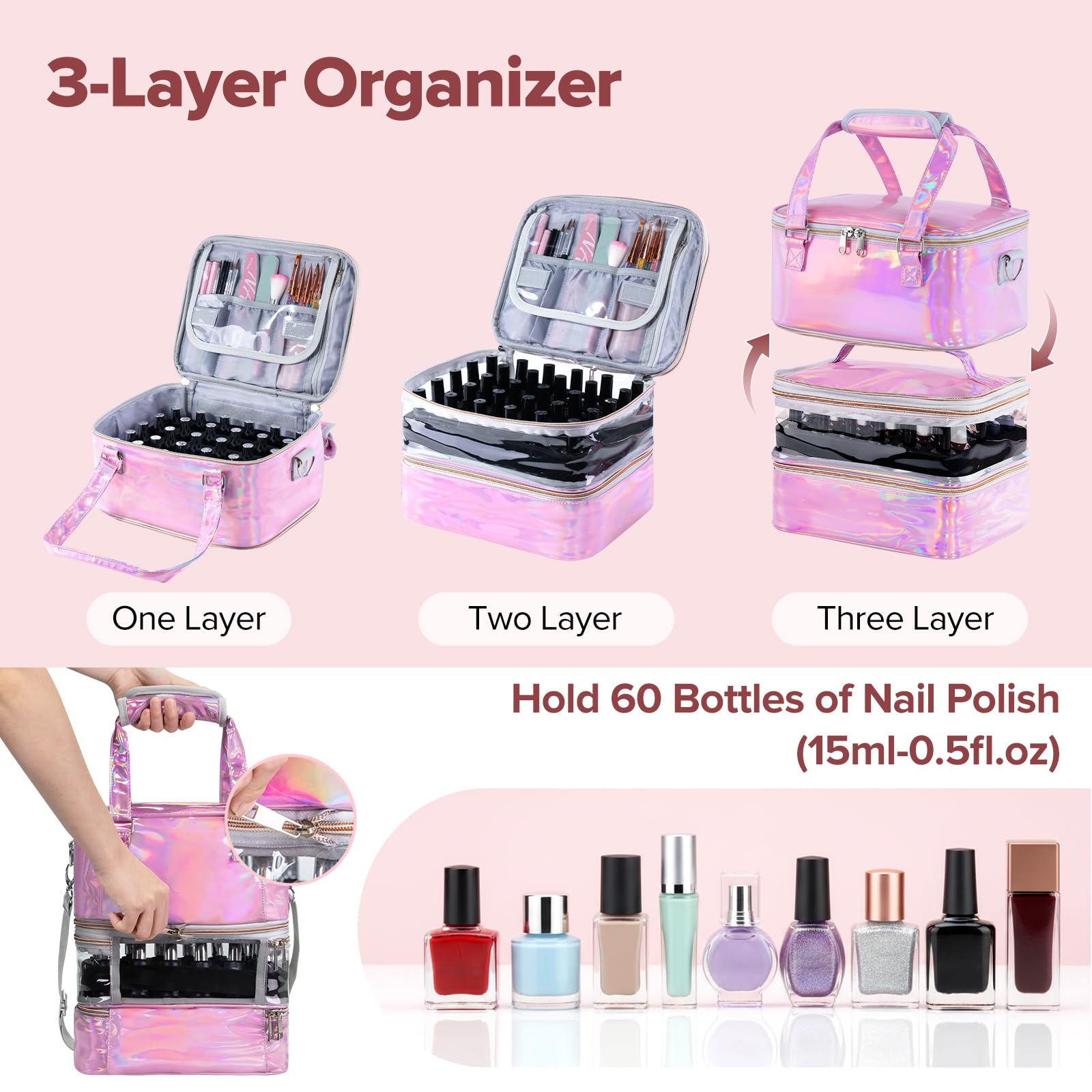 Beloving Nail Polish Organizer Case – 3-Layer Removable Storage for 60 Bottles & Nail Lamp