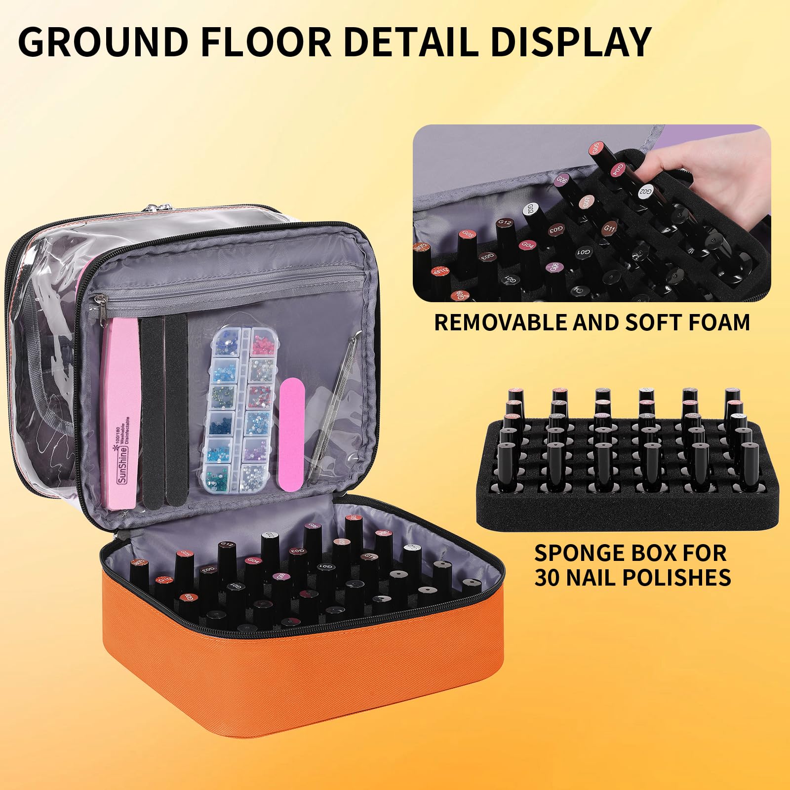 Beloving Clear Nail Polish Organizer – Double-Layer Case for 30 Bottles & Included Nail Dryer | Portable Orange