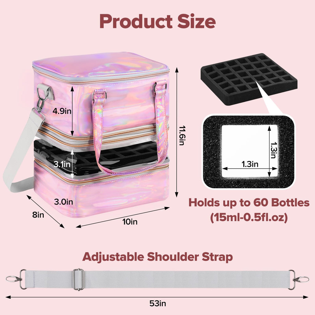 Beloving Nail Polish Organizer Case – 3-Layer Removable Storage for 60 Bottles & Nail Lamp