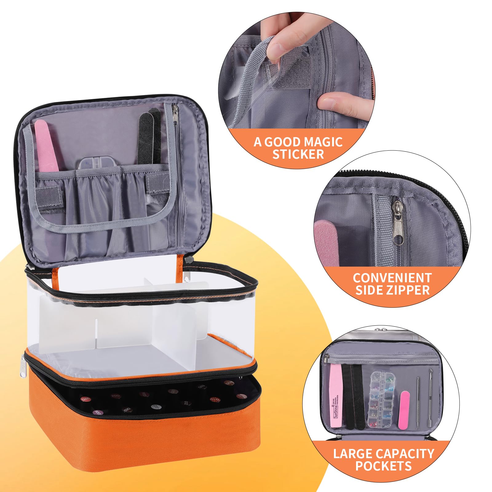 Beloving Clear Nail Polish Organizer – Double-Layer Case for 30 Bottles & Included Nail Dryer | Portable Orange