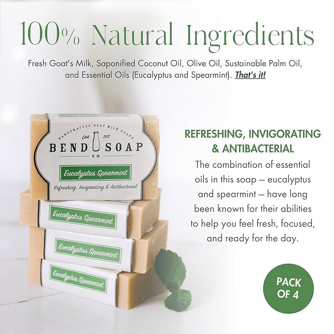 All Natural Goat Milk Soap - Eucalyptus Spearmint, Paraben & GMO Free | Bend Soap Company, Handmade in USA (4 x 4.5oz)
