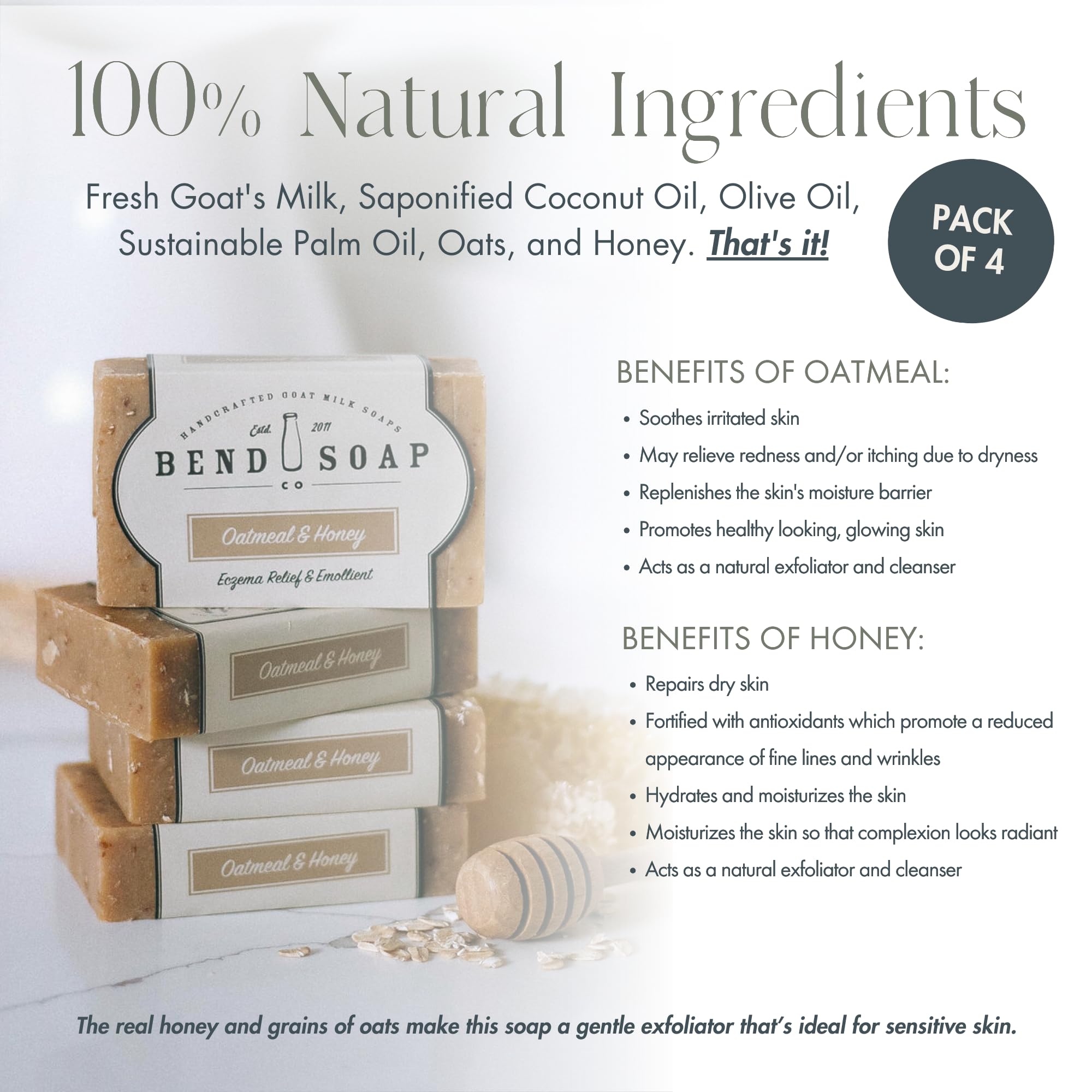 Bend Soap Company All Natural Goat Milk Soap – Oatmeal & Honey, 4.5 oz, 4-Pack