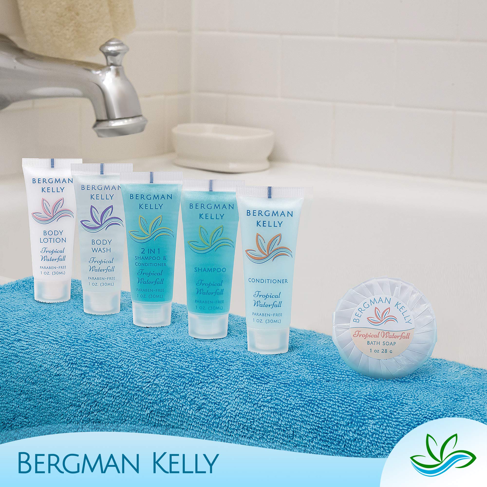 BERGMAN KELLY Round Soap Bars & 2-in-1 Shampoo & Conditioner Set – Tropical Waterfall, 100-Piece Hotel Amenities