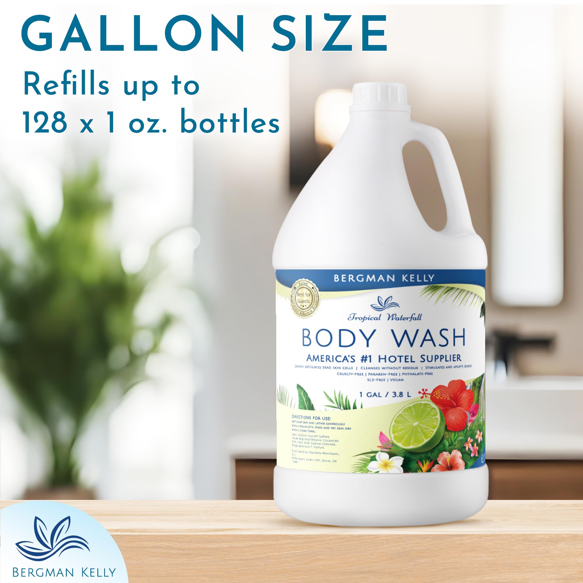 BERGMAN KELLY Refill Gallon Size Body Wash – Tropical Waterfall (128 oz) | Bulk Hotel Amenities