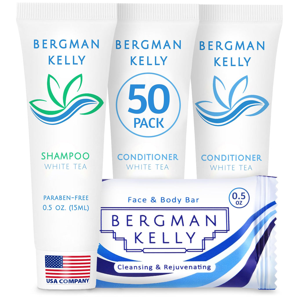 BERGMAN KELLY Rectangular Hotel Soap Bars, Shampoo & Conditioner 3-Piece Set (0.5 oz each, 150 pc, White Tea)