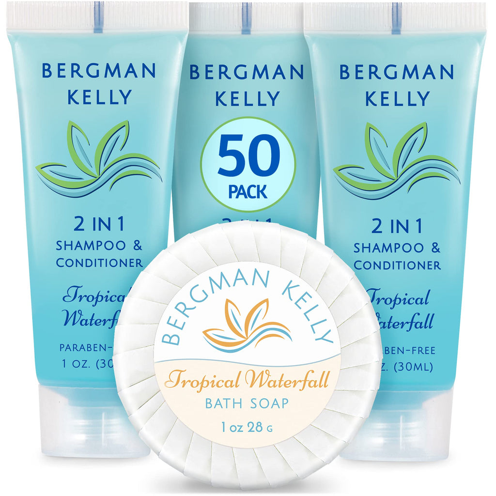 BERGMAN KELLY Round Soap Bars & 2-in-1 Shampoo & Conditioner Set – Tropical Waterfall, 100-Piece Hotel Amenities