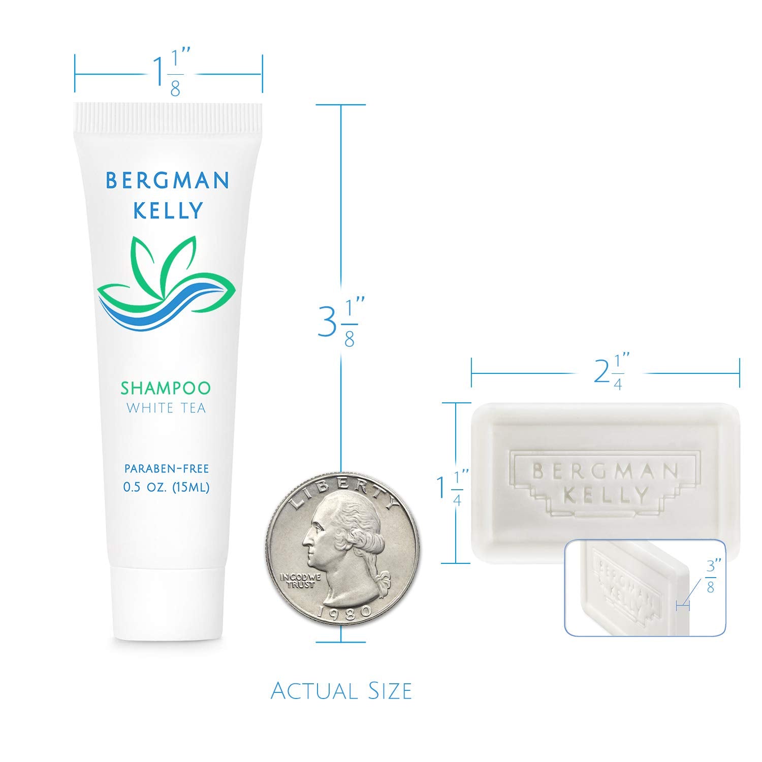 BERGMAN KELLY Rectangular Hotel Soap Bars, Shampoo & Conditioner 3-Piece Set (0.5 oz each, 150 pc, White Tea)