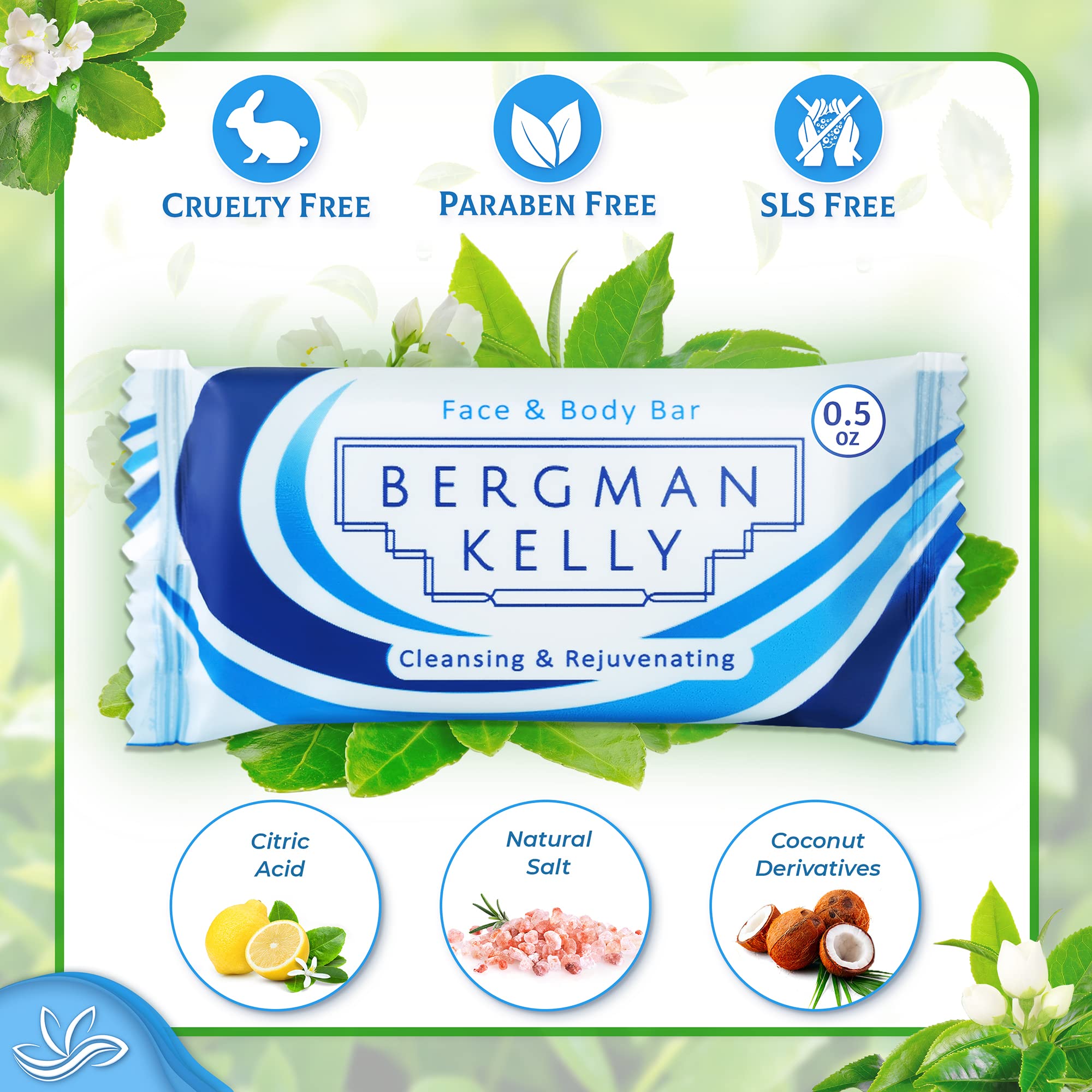 BERGMAN KELLY Hotel Soap Bars – White Tea Scent, 0.5 oz, 200 Pack | Travel-Size Bulk Amenities