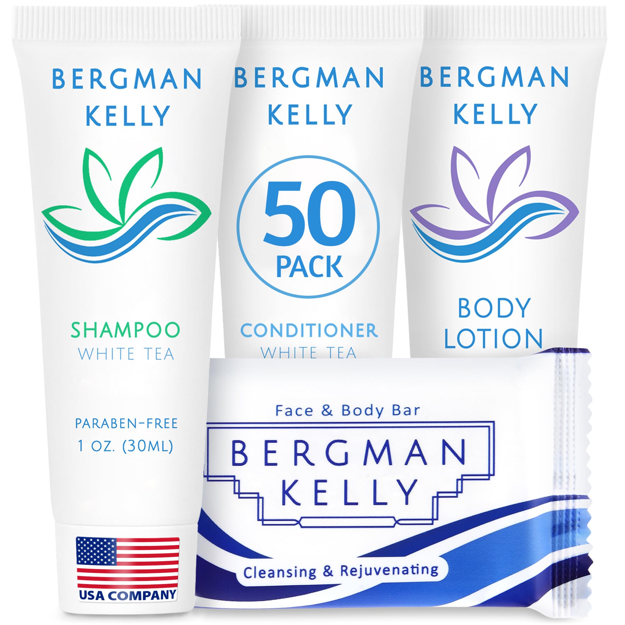 BERGMAN KELLY Hotel Toiletries Bundle – White Tea 1 oz, 200-Piece Bulk 4-Piece Set