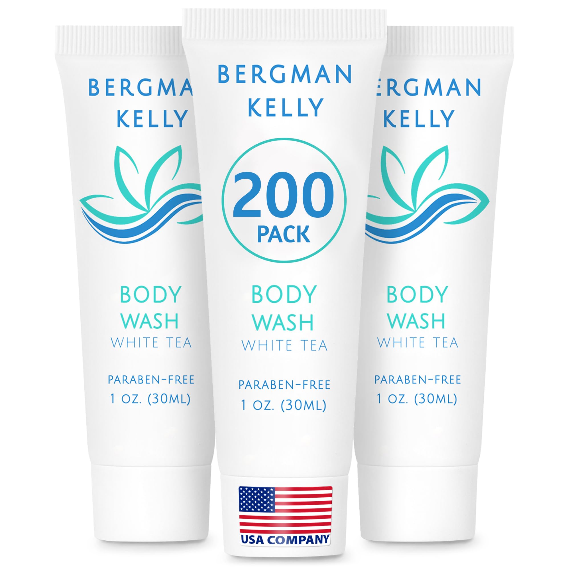 BERGMAN KELLY Travel Size Body Wash (1 fl oz, 200 Pack) – White Tea for Hotels & Hospitality