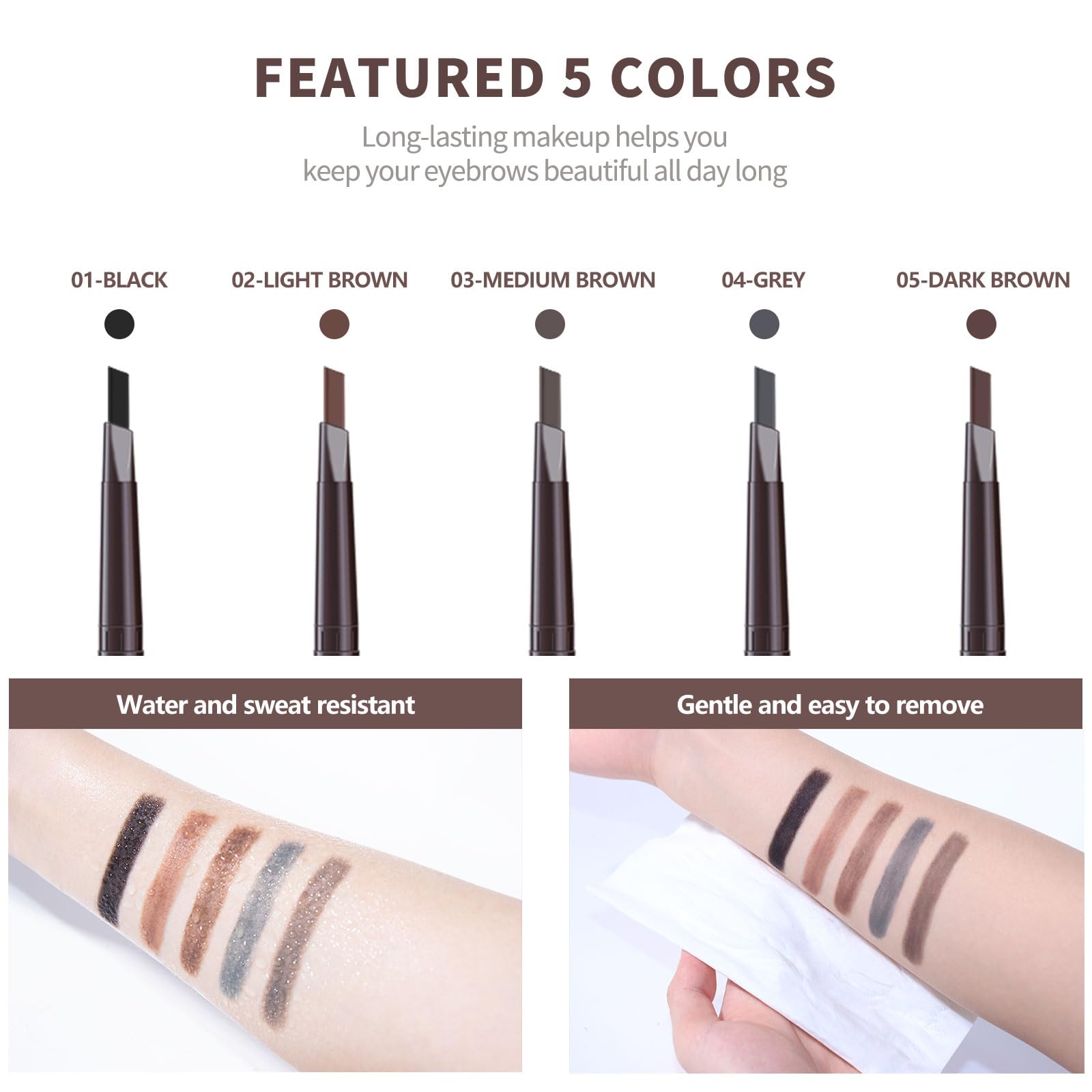 Berinist 12-Piece Medium Brown Waterproof Eyebrow Pencils – Retractable Dual-End with Brush, Triangular Tip