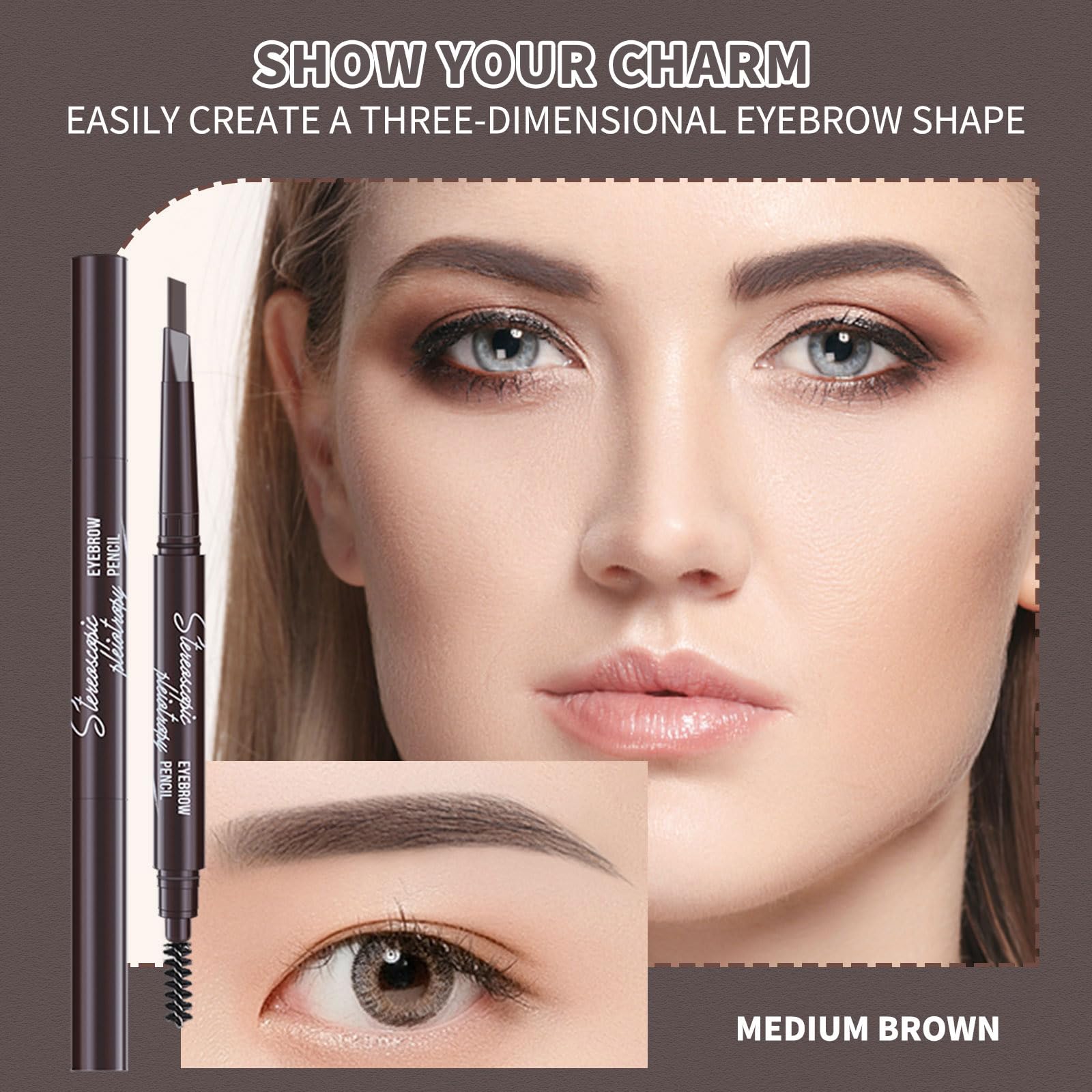 Berinist 12-Piece Medium Brown Waterproof Eyebrow Pencils – Retractable Dual-End with Brush, Triangular Tip
