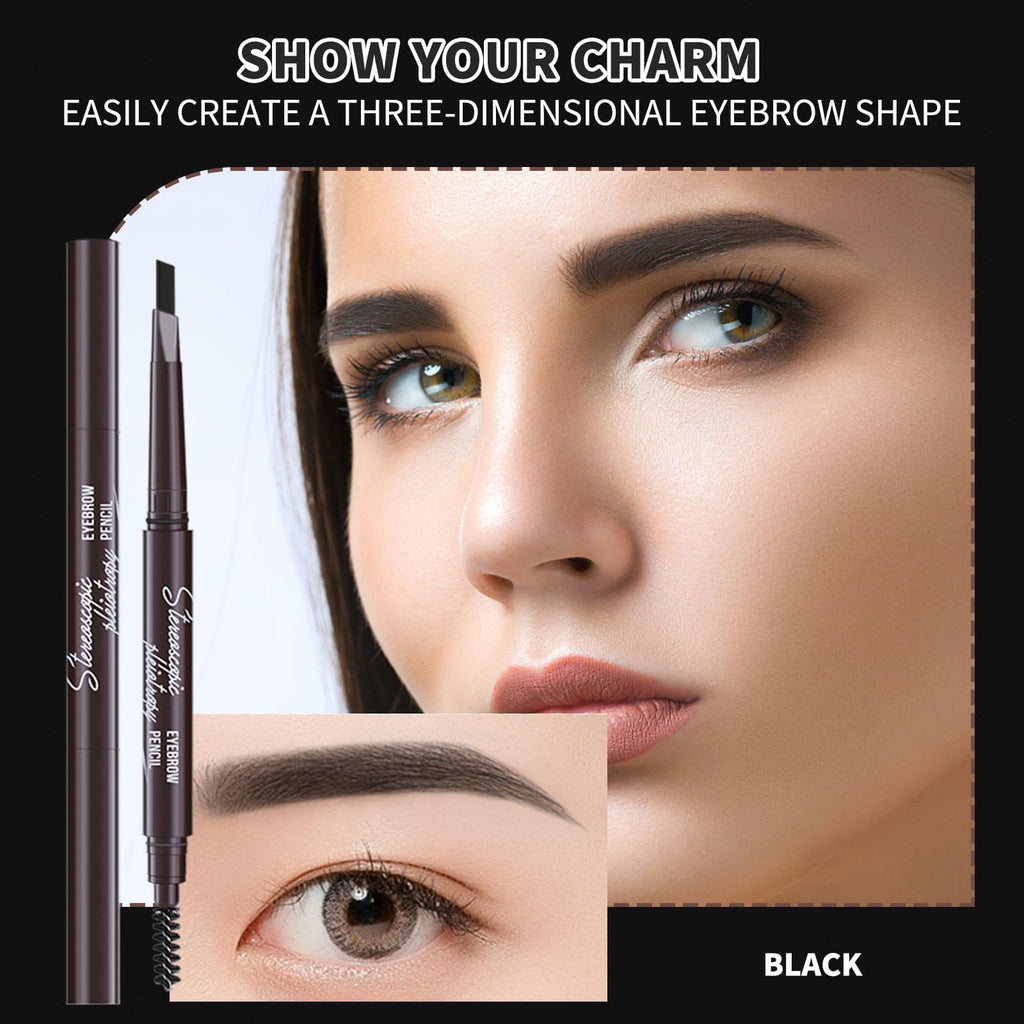 Berinist 12pcs Black Waterproof Eyebrow Pencils – Dual-End Retractable with Brush and Triangular Tip