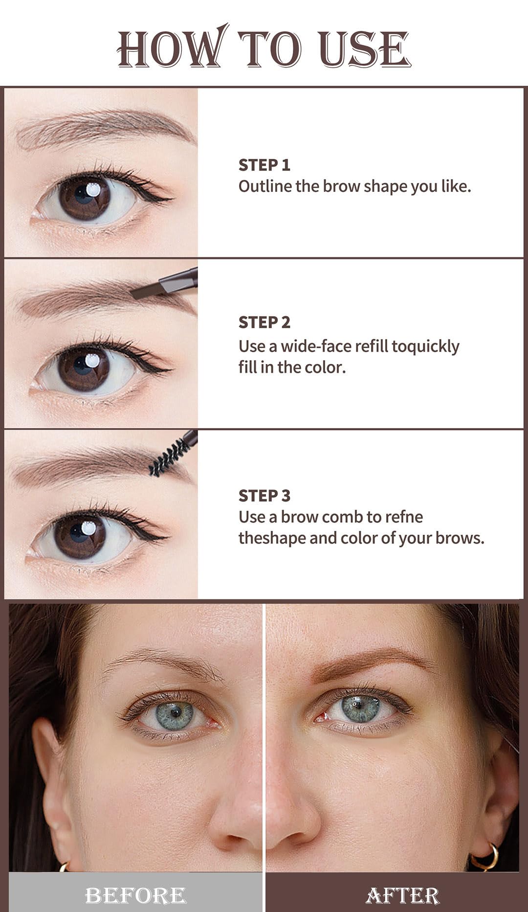 Berinist 12-Piece Medium Brown Waterproof Eyebrow Pencils – Retractable Dual-End with Brush, Triangular Tip