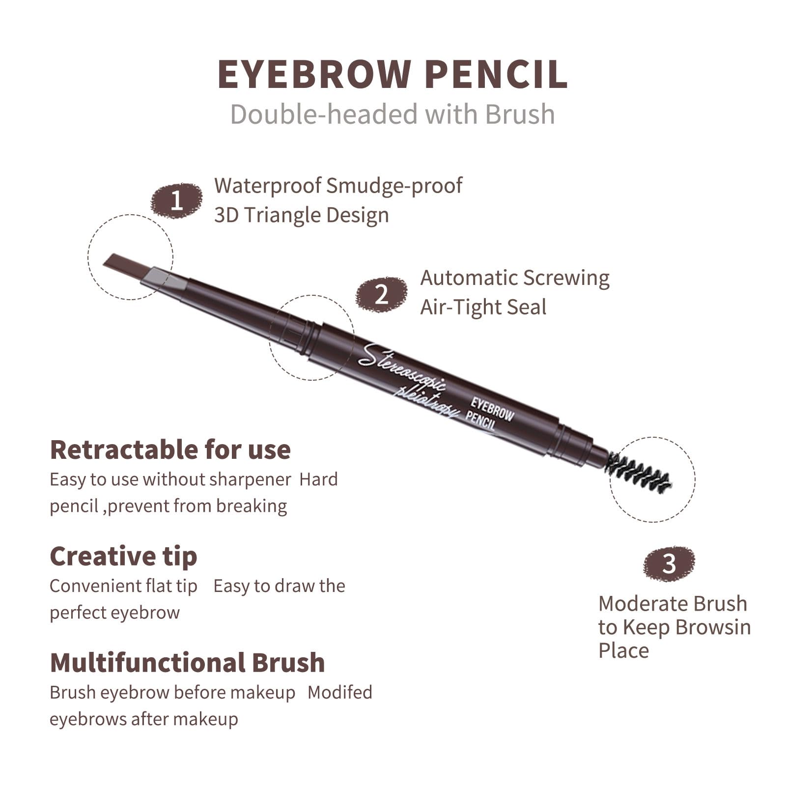 Berinist 12-Piece Medium Brown Waterproof Eyebrow Pencils – Retractable Dual-End with Brush, Triangular Tip