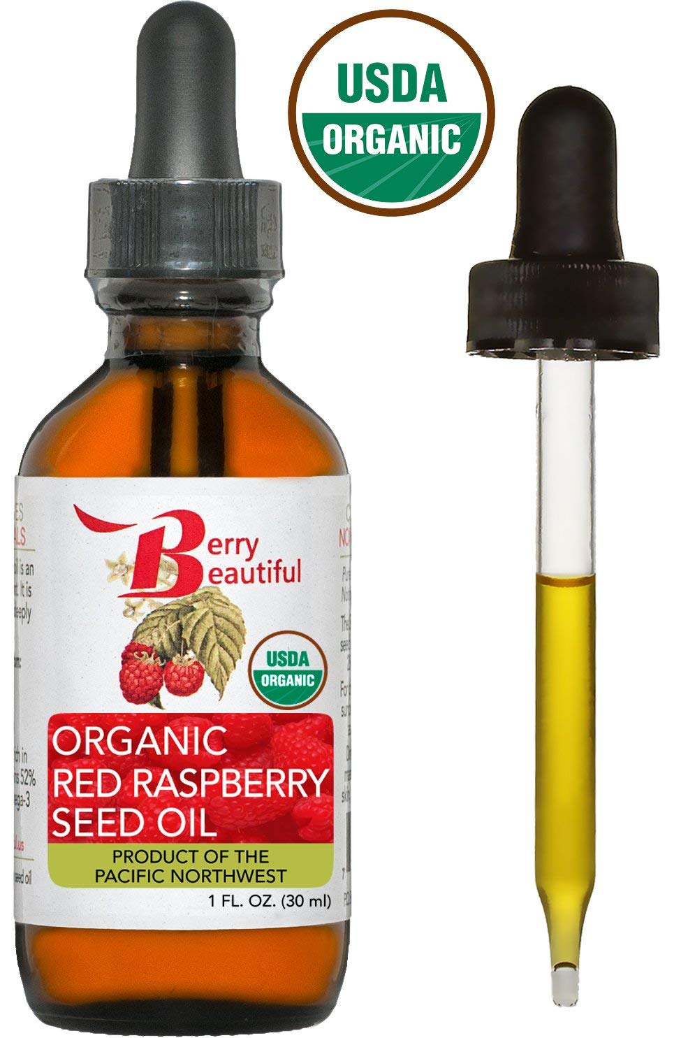 Berry Beautiful Certified Organic Red Raspberry Seed Oil – Cold-Pressed, USA Grown (1 fl oz)