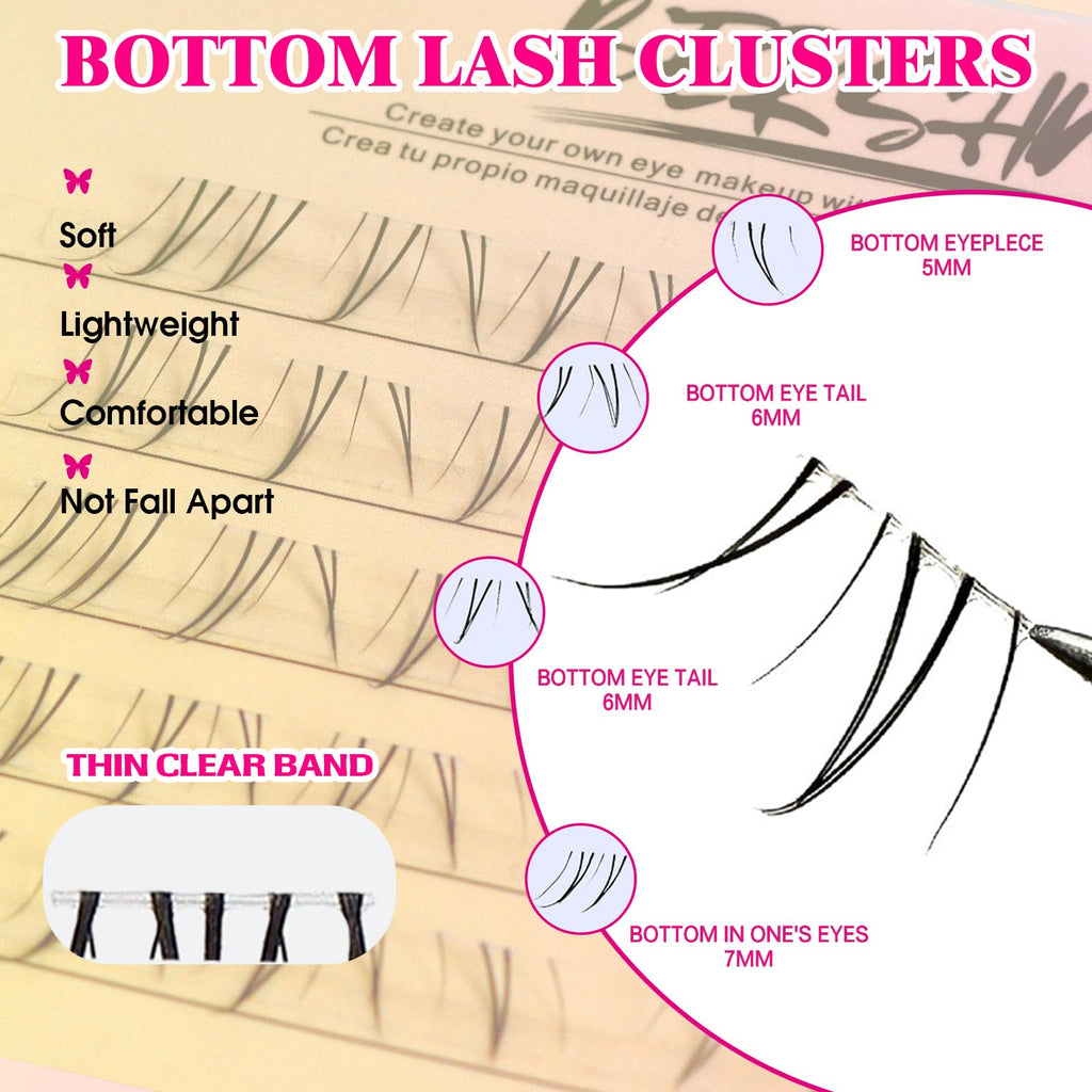 BERSHNOR Cateye Bottom Lash Clusters – DIY Lower Lash Extensions for Cat Eye Look | Clear Band