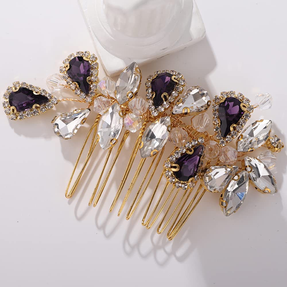 BERYUAN Bridal Hair Comb – Rhinestone Teardrop in Gold & Purple
