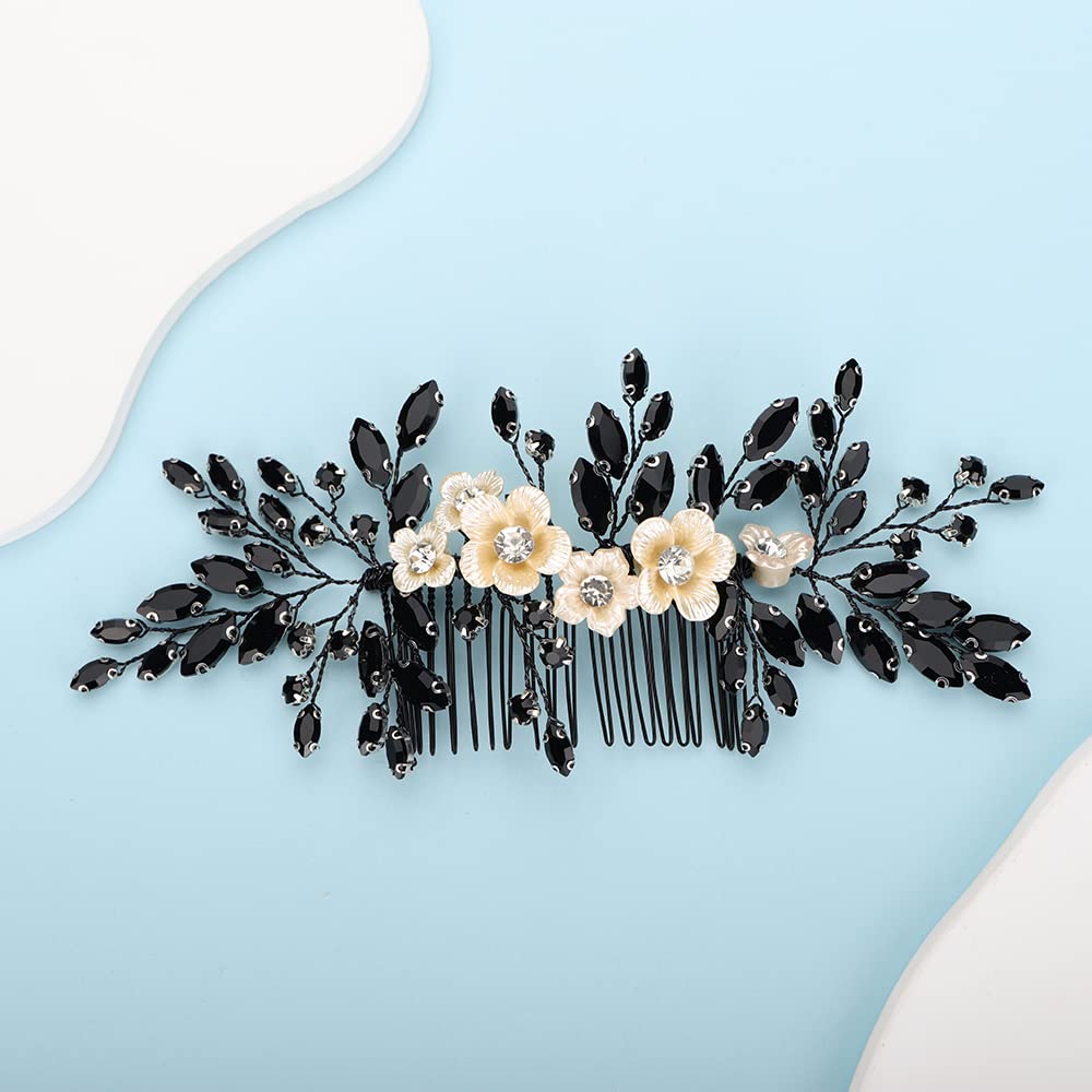 BERYUAN Bridal White Flower Black Crystal Hair Comb – Elegant Wedding Accessory for Bride & Bridesmaid