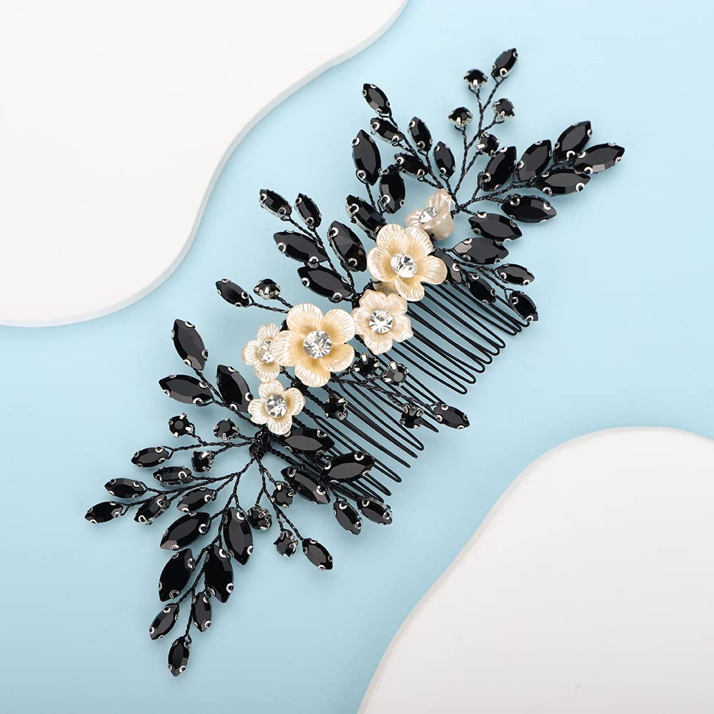 BERYUAN Bridal White Flower Black Crystal Hair Comb – Elegant Wedding Accessory for Bride & Bridesmaid
