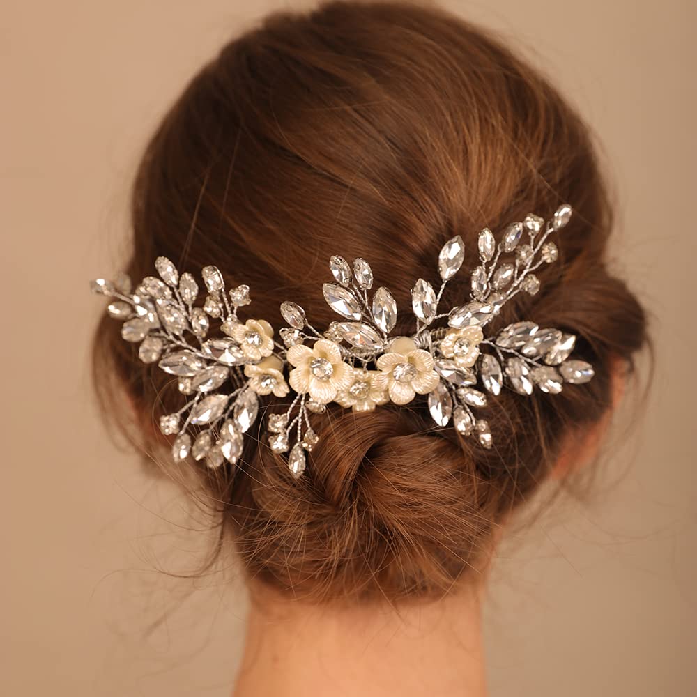 BERYUAN Bridal White Flower Black Crystal Hair Comb – Elegant Wedding Accessory for Bride & Bridesmaid
