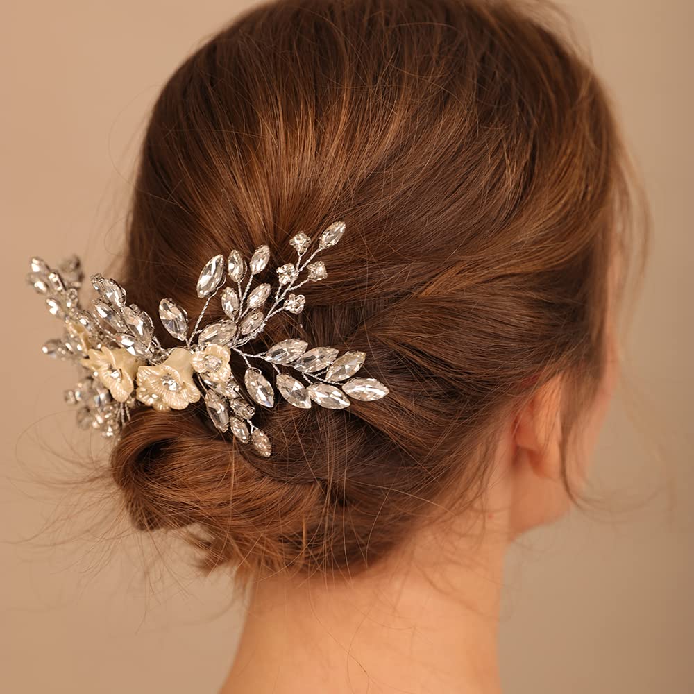 BERYUAN Bridal White Flower Black Crystal Hair Comb – Elegant Wedding Accessory for Bride & Bridesmaid