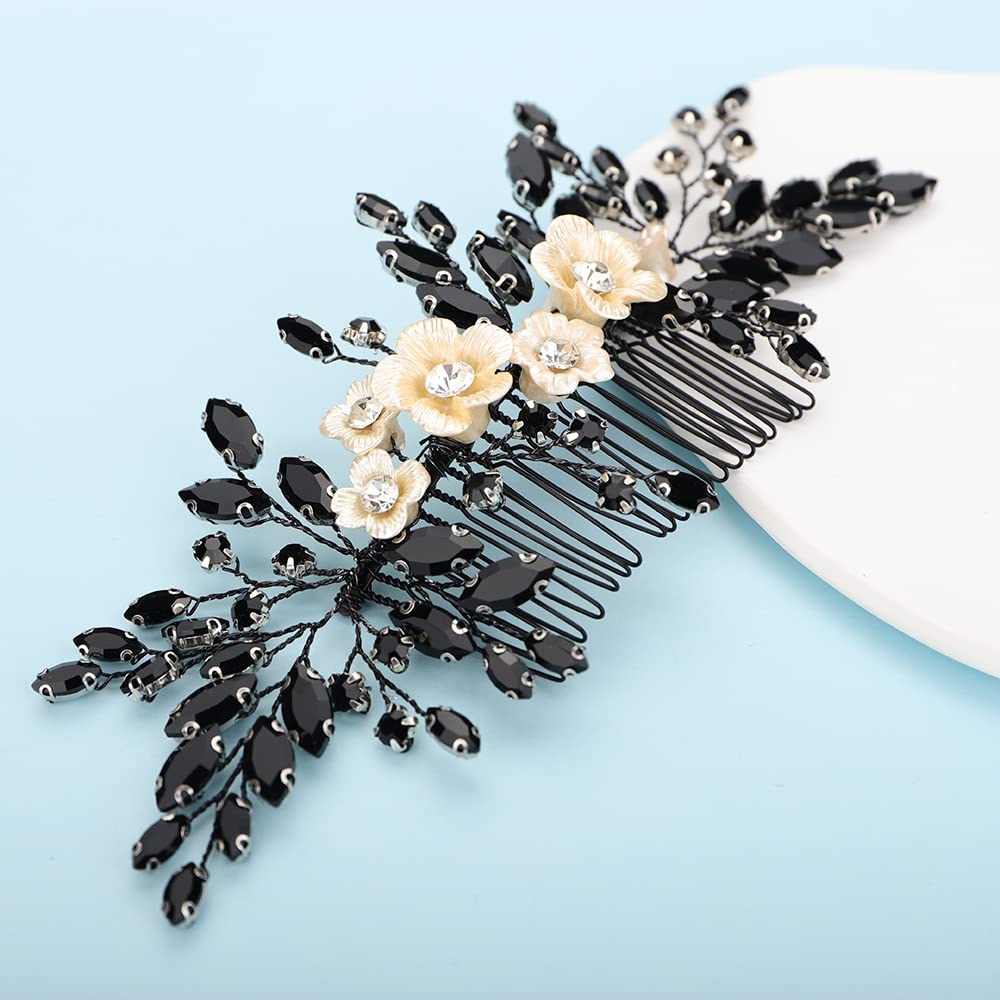 BERYUAN Bridal White Flower Black Crystal Hair Comb – Elegant Wedding Accessory for Bride & Bridesmaid