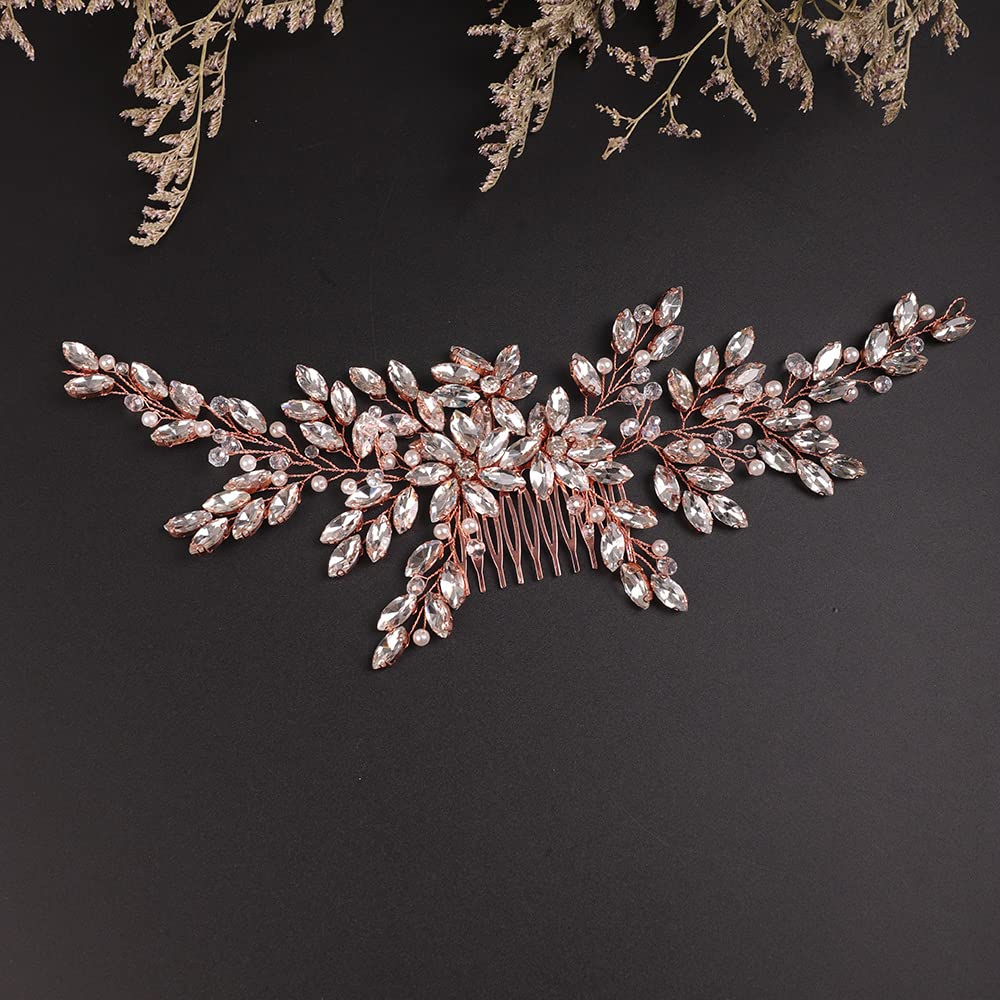 BERYUAN Wedding Rose Gold Hair Comb with Rhinestone Crystal Flower – Bridal Headpiece Accessories