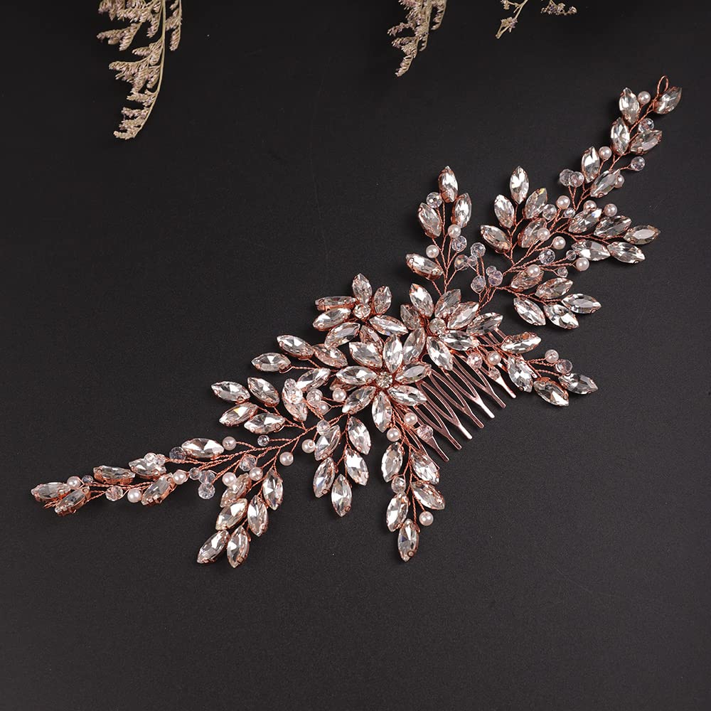 BERYUAN Wedding Rose Gold Hair Comb with Rhinestone Crystal Flower – Bridal Headpiece Accessories
