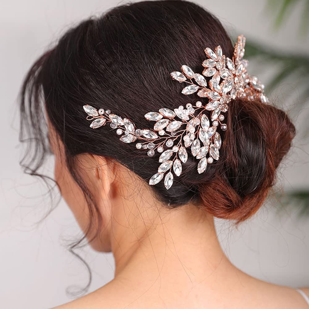 BERYUAN Wedding Rose Gold Hair Comb with Rhinestone Crystal Flower – Bridal Headpiece Accessories