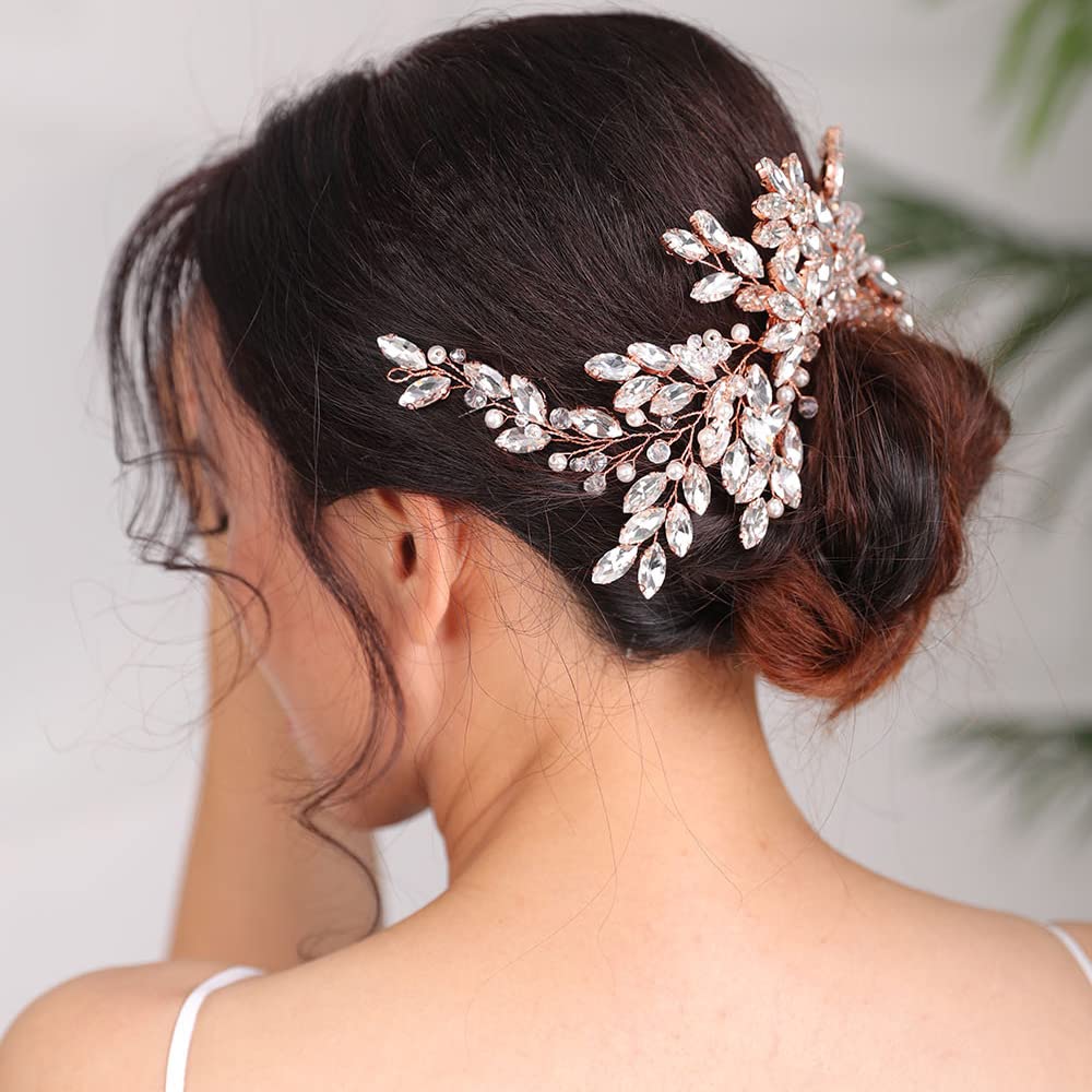 BERYUAN Wedding Rose Gold Hair Comb with Rhinestone Crystal Flower – Bridal Headpiece Accessories