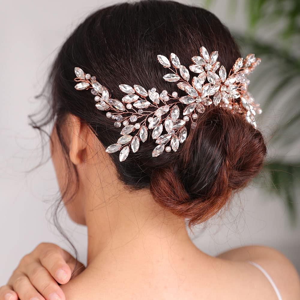 BERYUAN Wedding Rose Gold Hair Comb with Rhinestone Crystal Flower – Bridal Headpiece Accessories