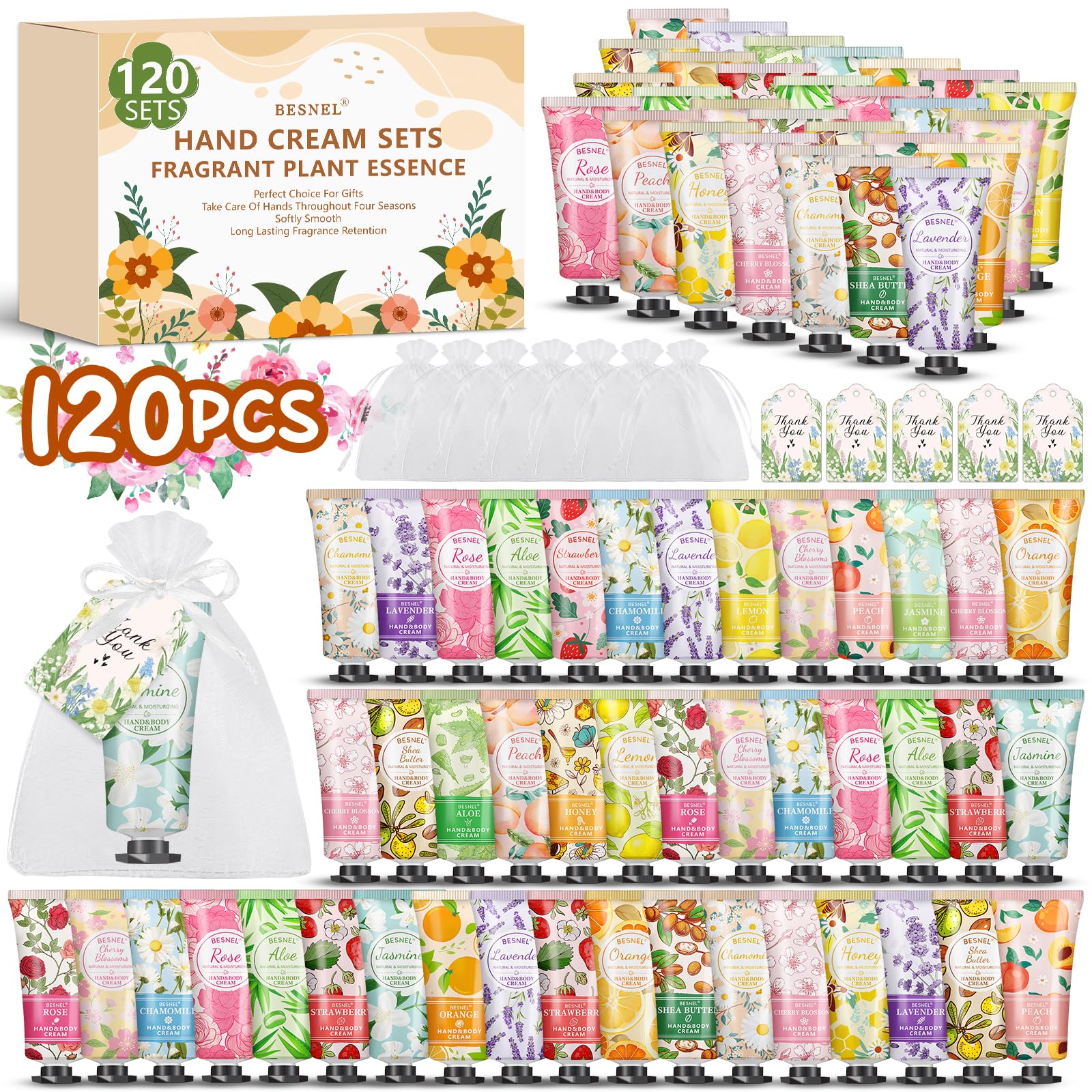 BESNEL 120 Pack Hand Cream Gift Set for Women – 12 Fragrances, Travel-Size Lotions in Bulk