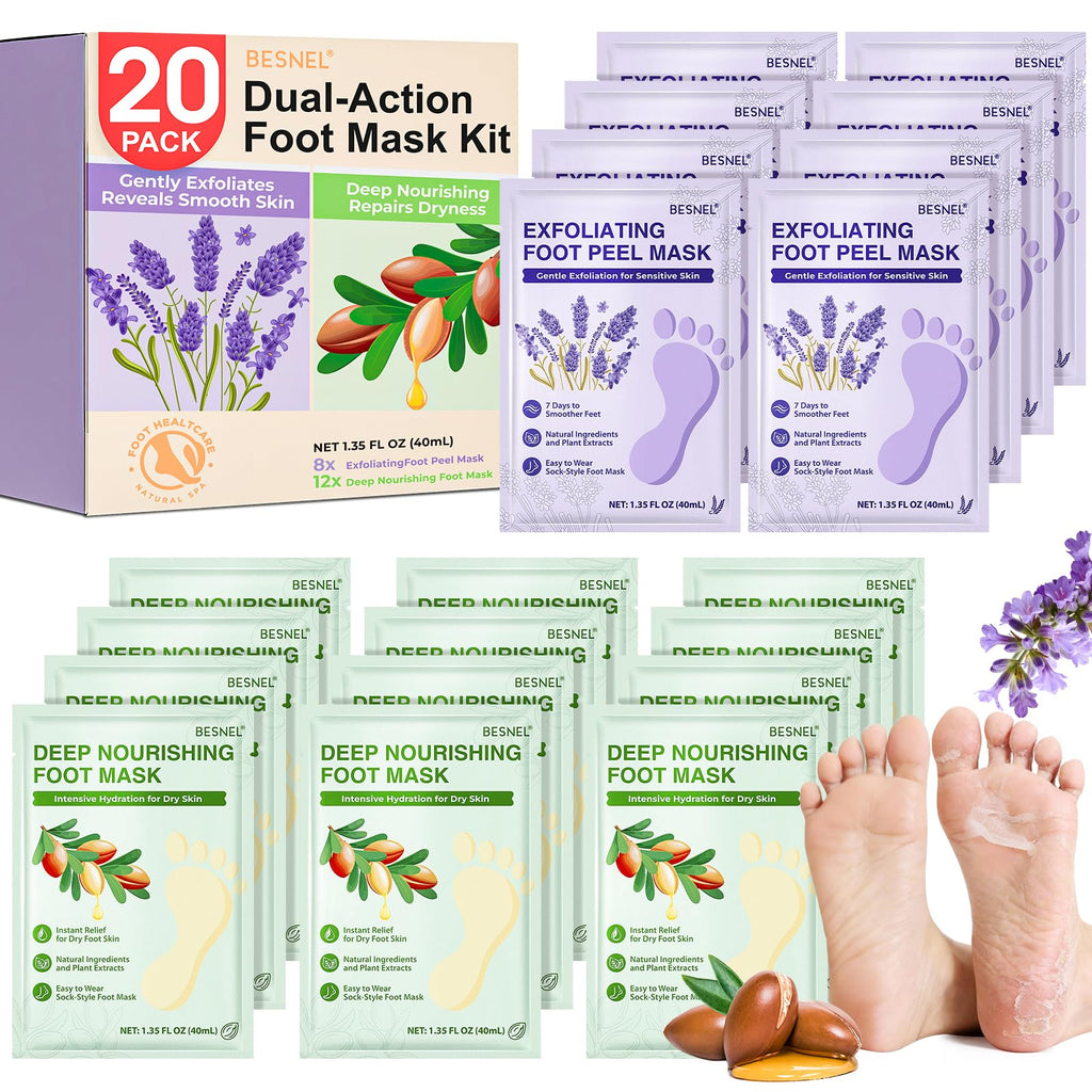 Besnel Foot Mask Set: Exfoliating & Moisturizing 20-Pack for Soft Feet