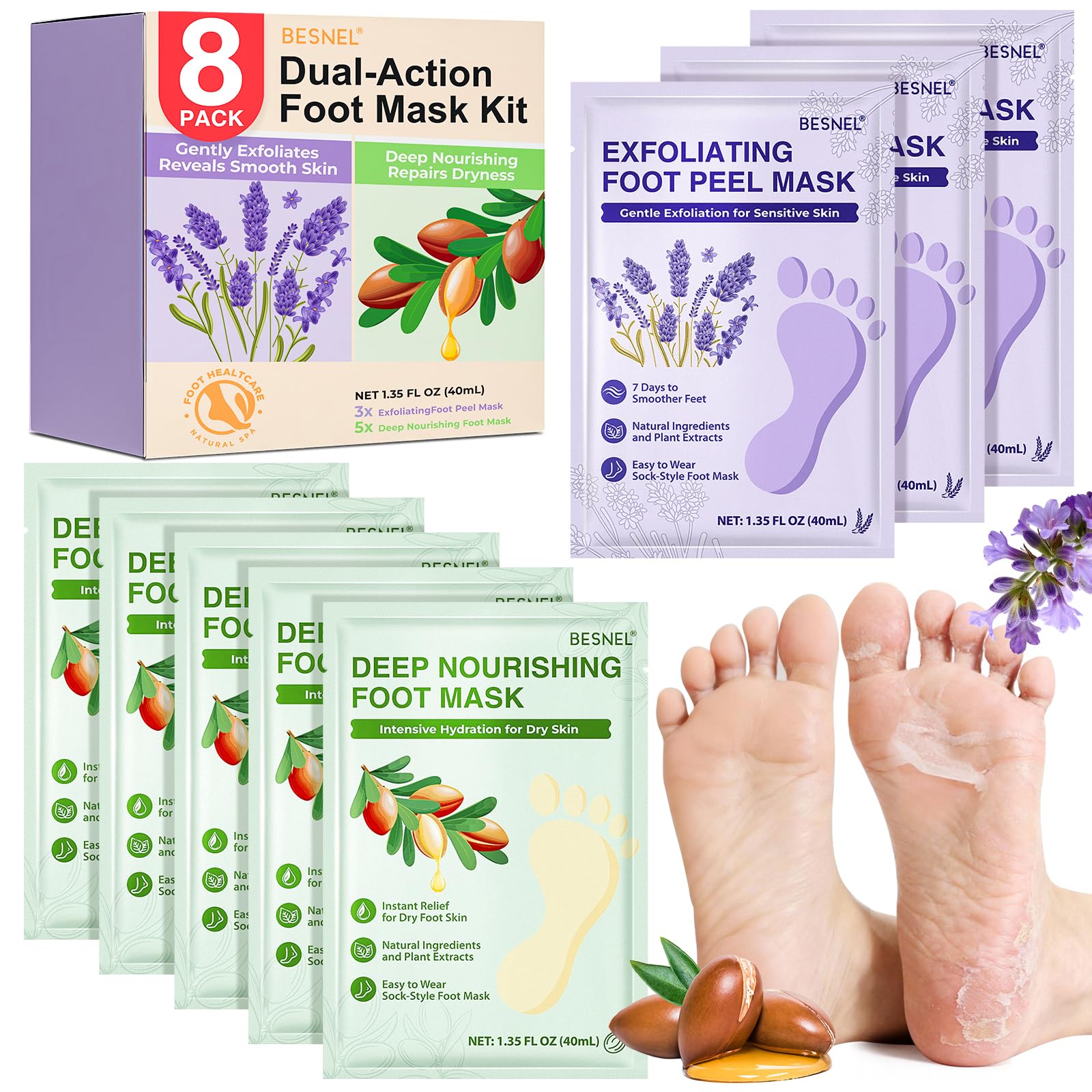 BESNEL Foot Mask 3Pcs & 5Pcs Set – Exfoliating & Moisturizing for Dry Feet