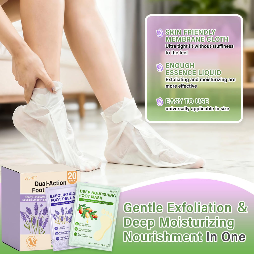 Besnel Foot Mask Set: Exfoliating & Moisturizing 20-Pack for Soft Feet