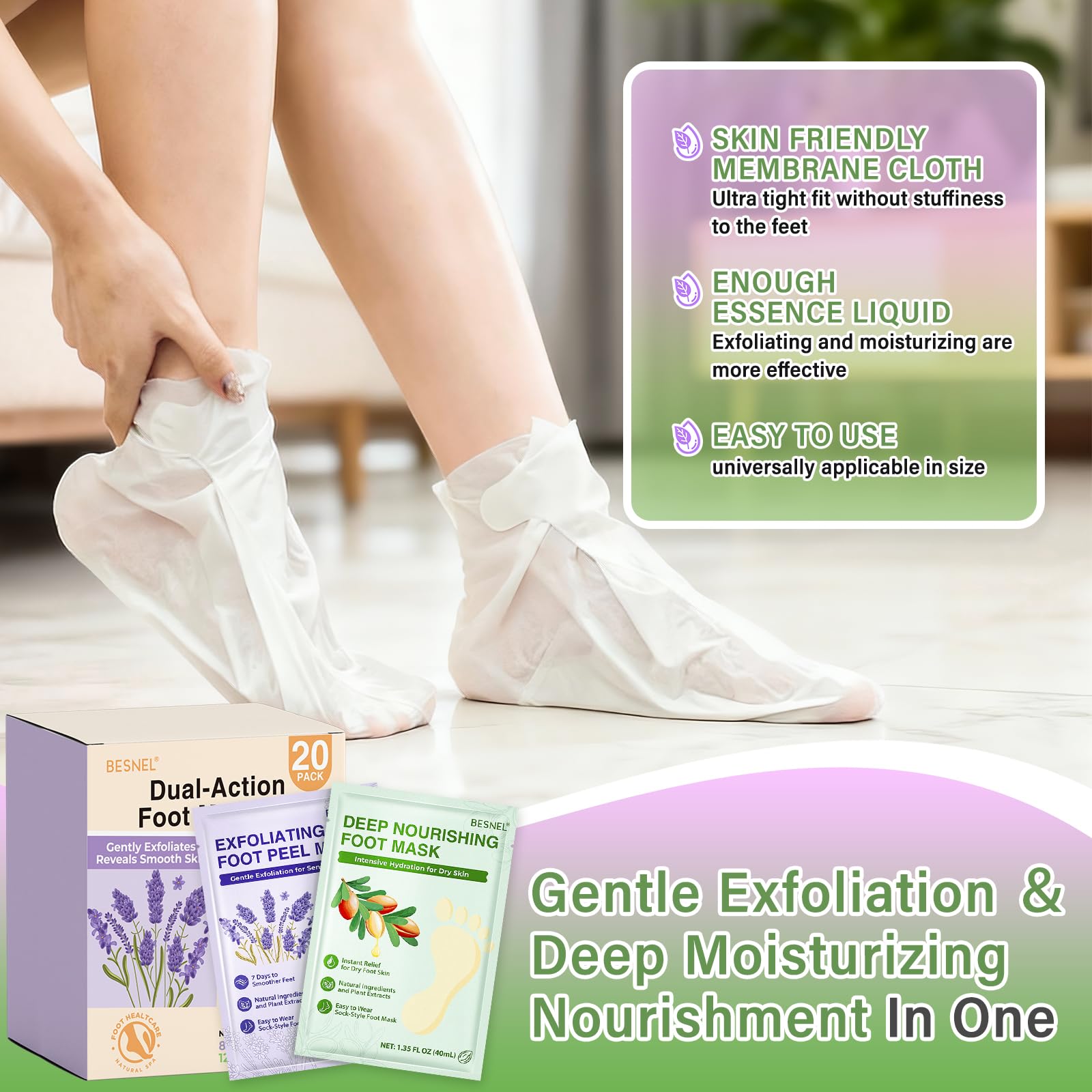 Besnel Foot Mask Set: Exfoliating & Moisturizing 20-Pack for Soft Feet