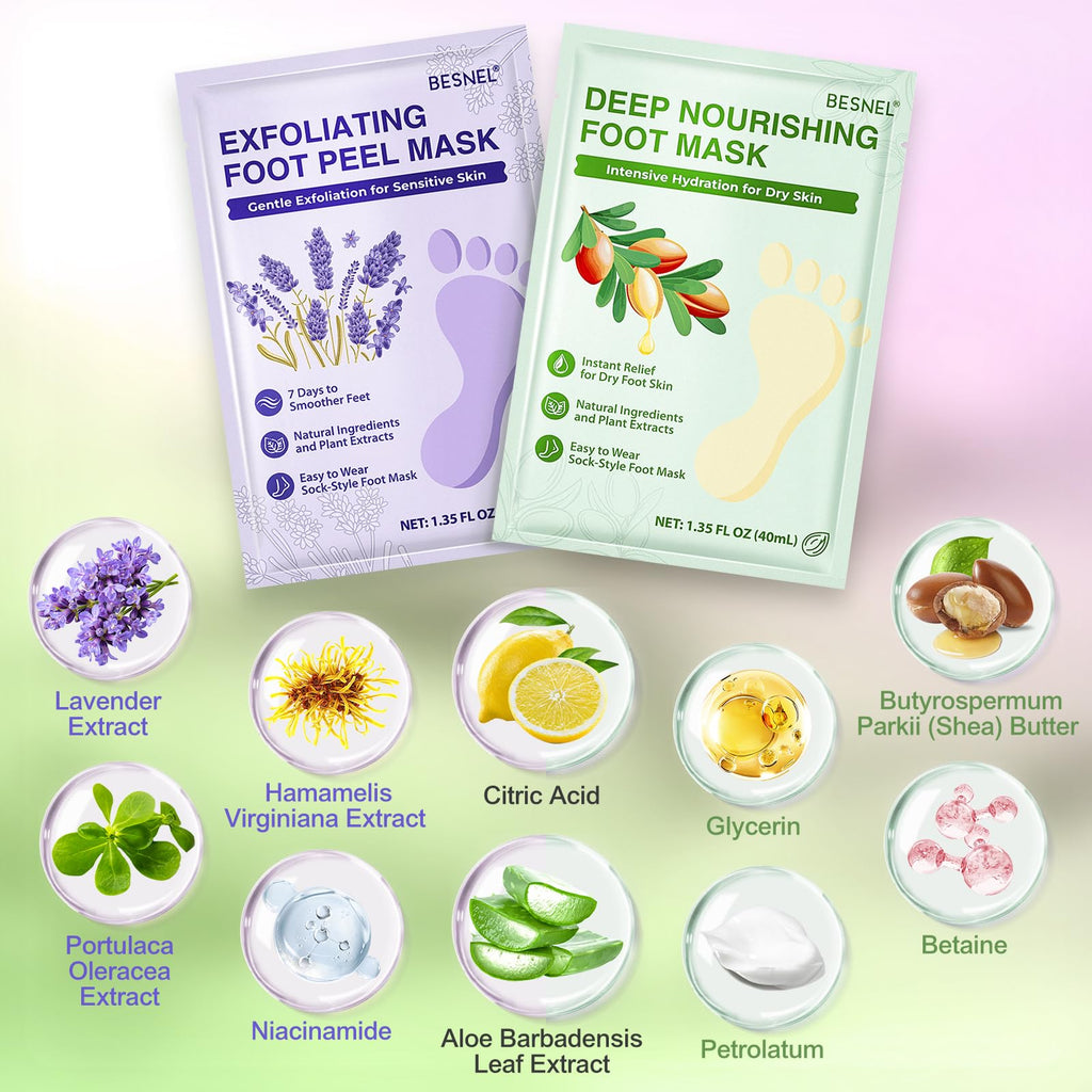 Besnel Foot Mask Set: Exfoliating & Moisturizing 20-Pack for Soft Feet