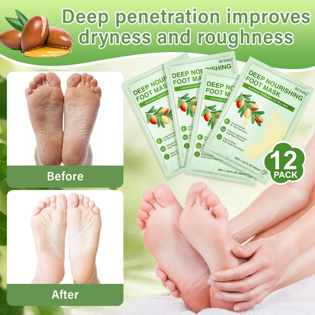 Besnel Foot Mask Set: Exfoliating & Moisturizing 20-Pack for Soft Feet