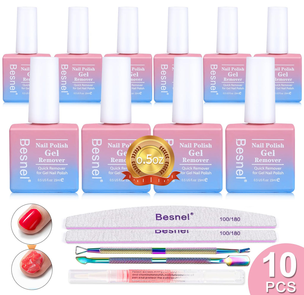 BESNEL Gel Nail Polish Remover 10 Pack - Quick, Non-Irritating Gel Remover Kit