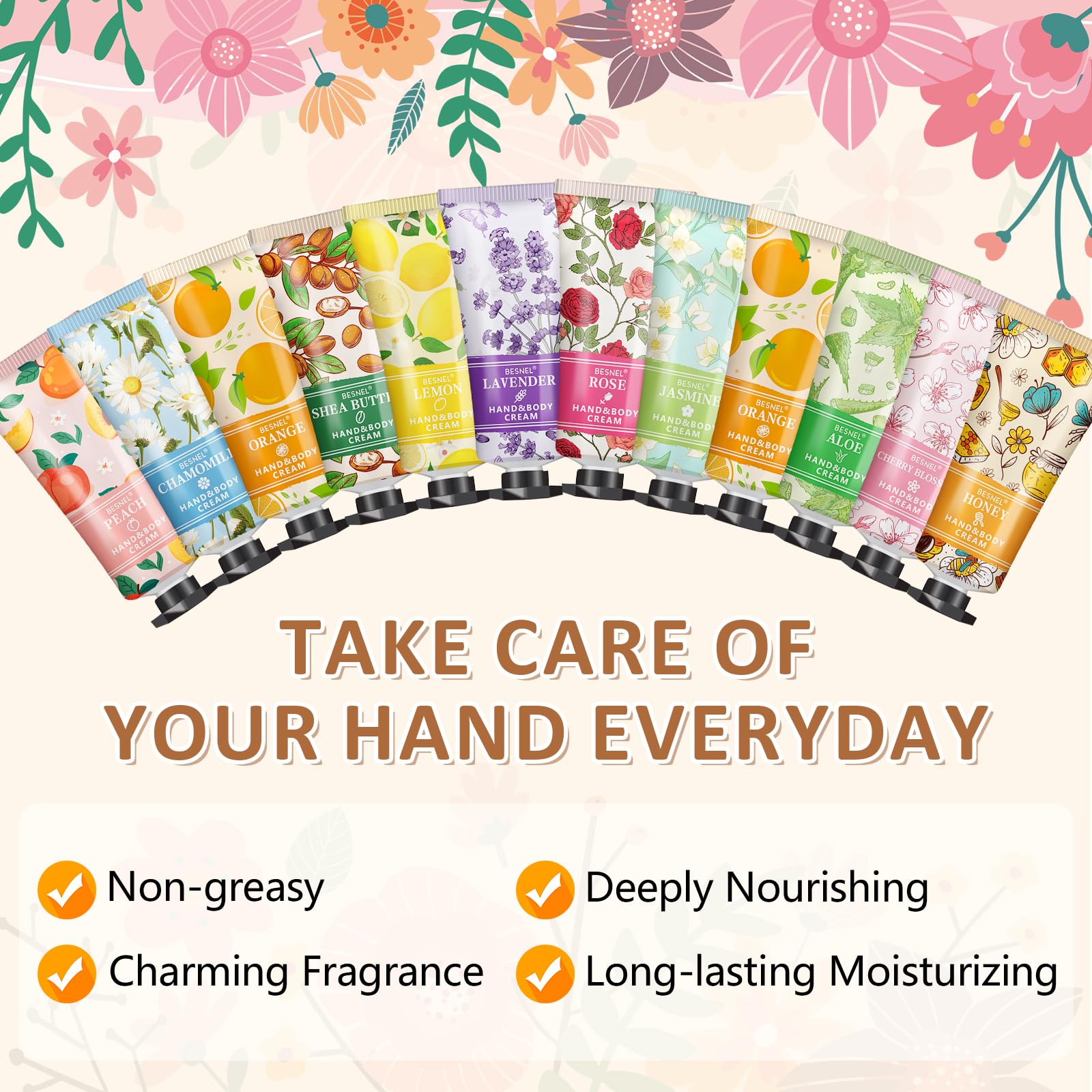 BESNEL 120 Pack Hand Cream Gift Set for Women – 12 Fragrances, Travel-Size Lotions in Bulk