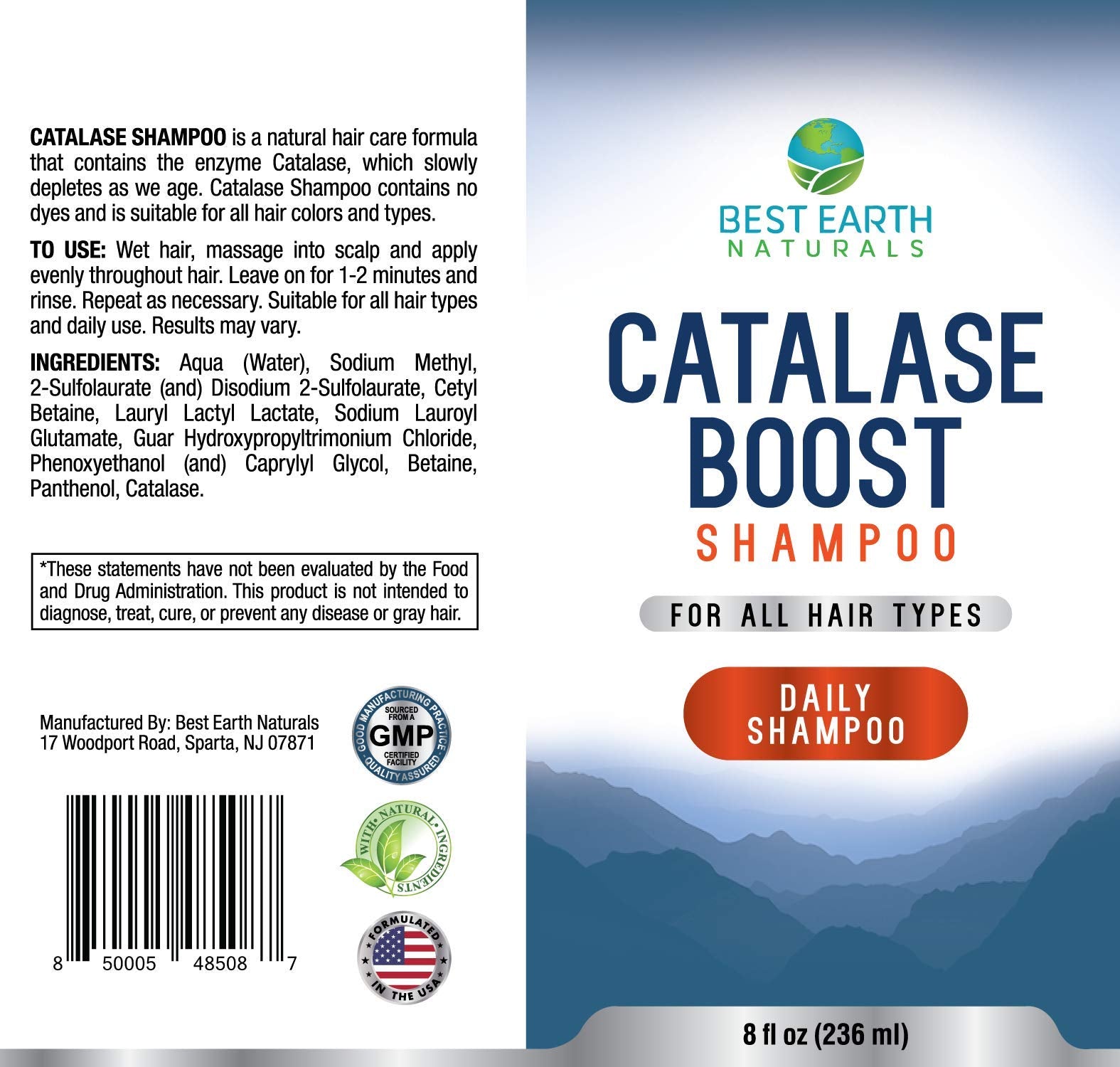 Best Earth Naturals Catalase Formula Shampoo — Hair Vitality & Health for Women & Men (8 fl oz)