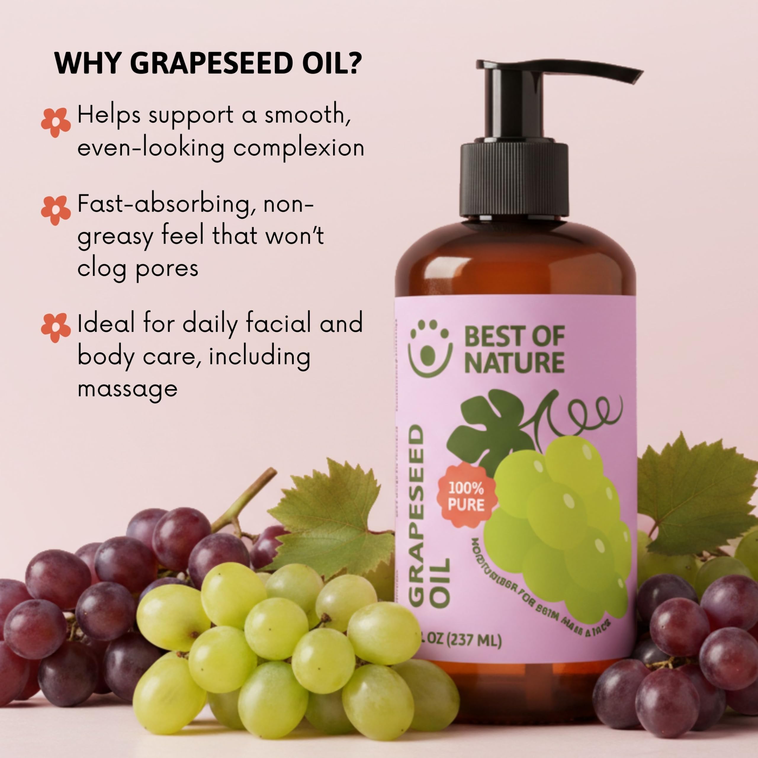 Best of Nature 100% Pure Grapeseed Oil – Unscented, Lightweight Moisturizer for Skin & Hair | Gallon (128 fl oz)