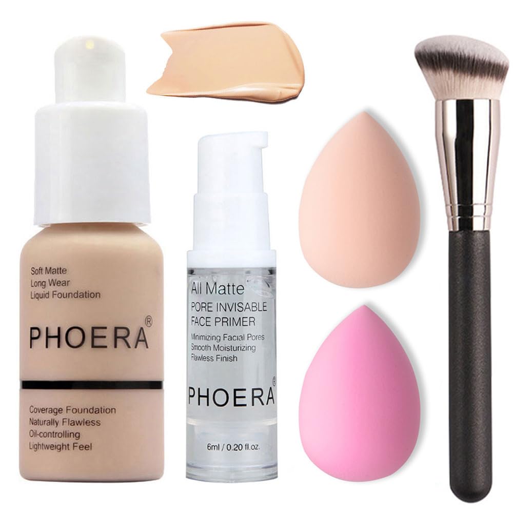 BestLand 5PCS PHOERA Foundation Set – Matte, Full Coverage, Oil-Control (102 Nude) | Primer, Brush, Sponge