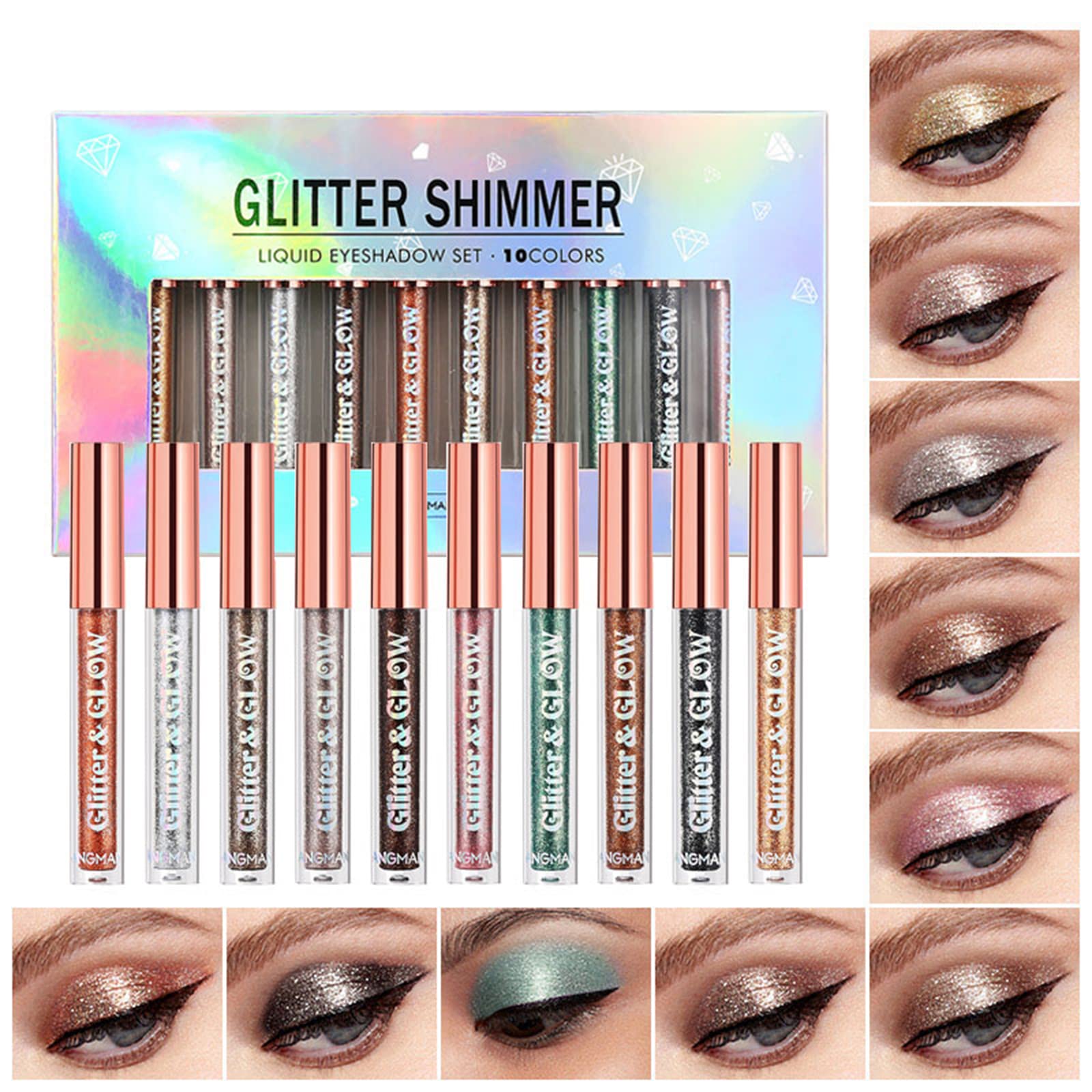 BestLand 10 Colors Liquid Glitter Eyeshadow Set – Waterproof Metallic Shimmer for Naked Smoky Looks