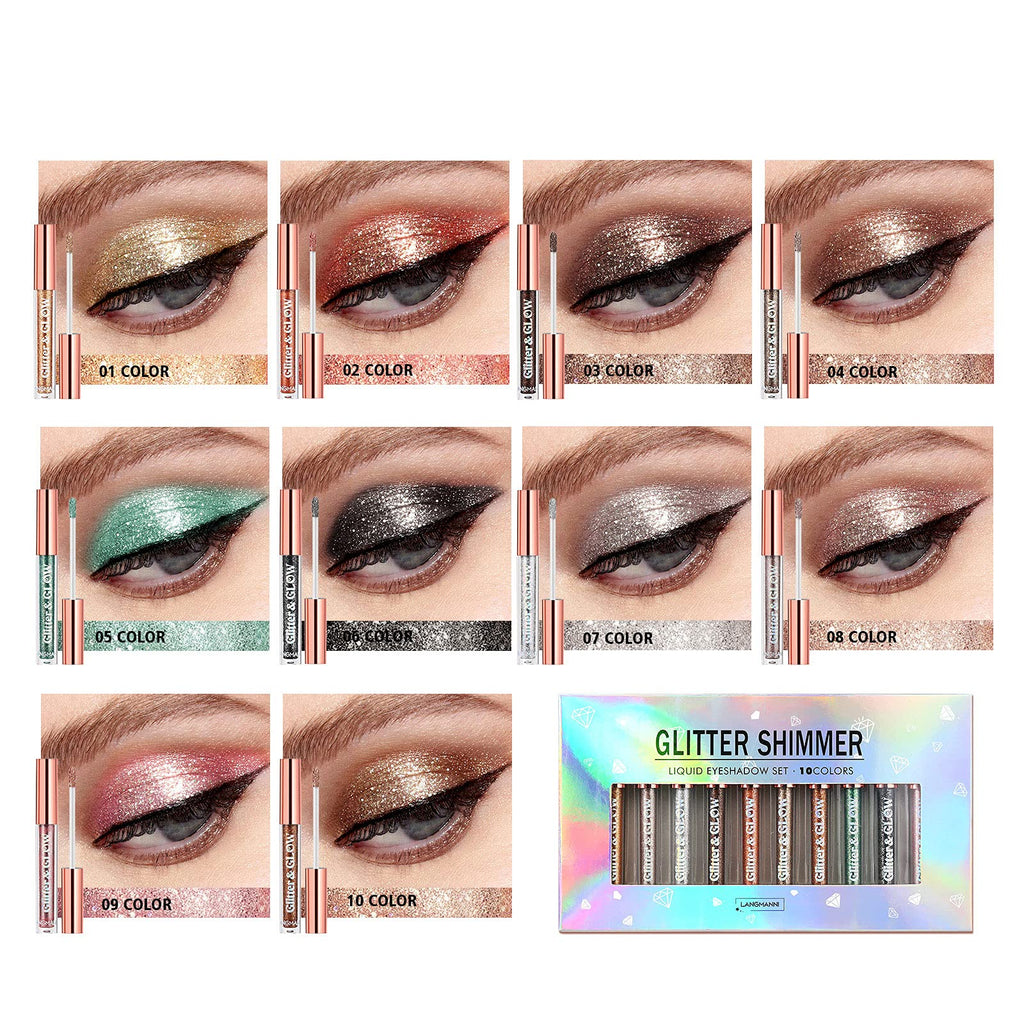 BestLand 10 Colors Liquid Glitter Eyeshadow Set – Waterproof Metallic Shimmer for Naked Smoky Looks