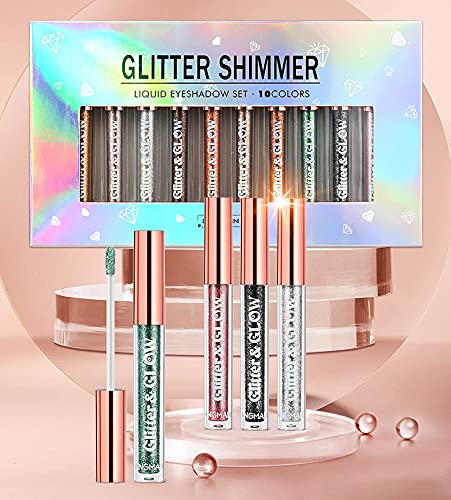 BestLand 10 Colors Liquid Glitter Eyeshadow Set – Waterproof Metallic Shimmer for Naked Smoky Looks