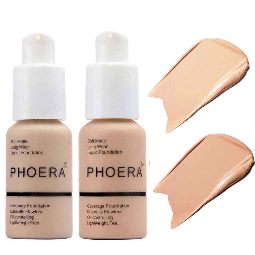 BestLand 2Pack PHOERA Foundation Full Coverage Liquid Foundation Cream - 102 Nude & 103 Warm Peach | Oil-Free, Long-Lasting
