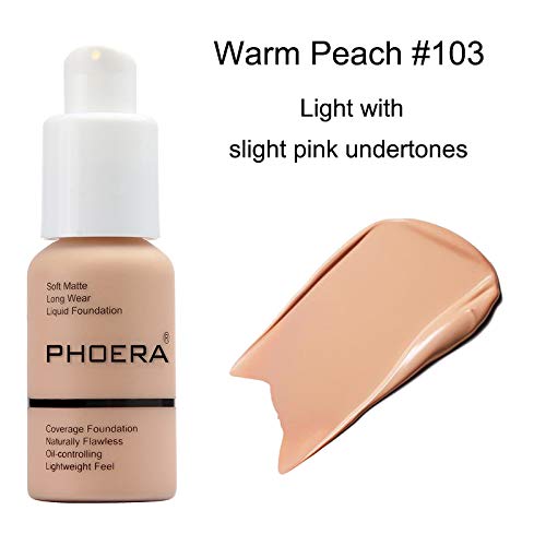 BestLand 2Pack PHOERA Foundation Full Coverage Liquid Foundation Cream - 102 Nude & 103 Warm Peach | Oil-Free, Long-Lasting