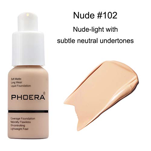 BestLand 2Pack PHOERA Foundation Full Coverage Liquid Foundation Cream - 102 Nude & 103 Warm Peach | Oil-Free, Long-Lasting